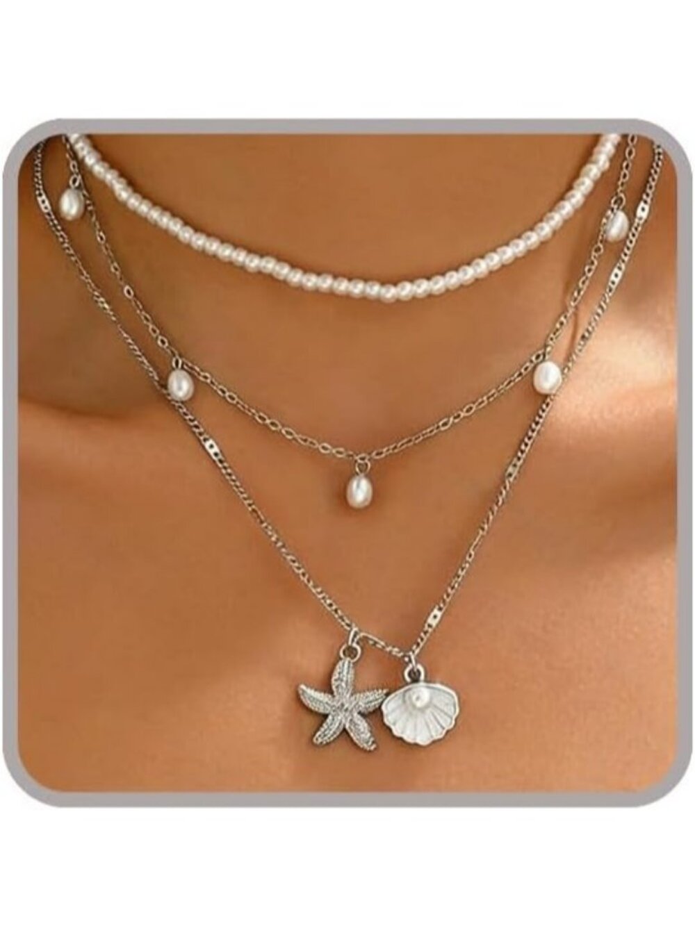 Women's 3 Layer Silver Starfish Pearl Seashell Cowrie Shell Beach Necklace